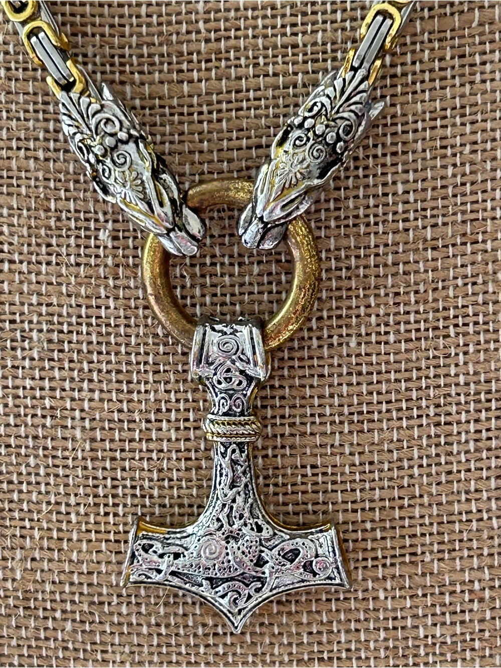 Silver and Gold Thor's Hammer Pendant Necklace wolves